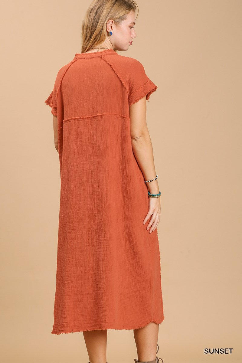 Split neck button down midi dress with no lining