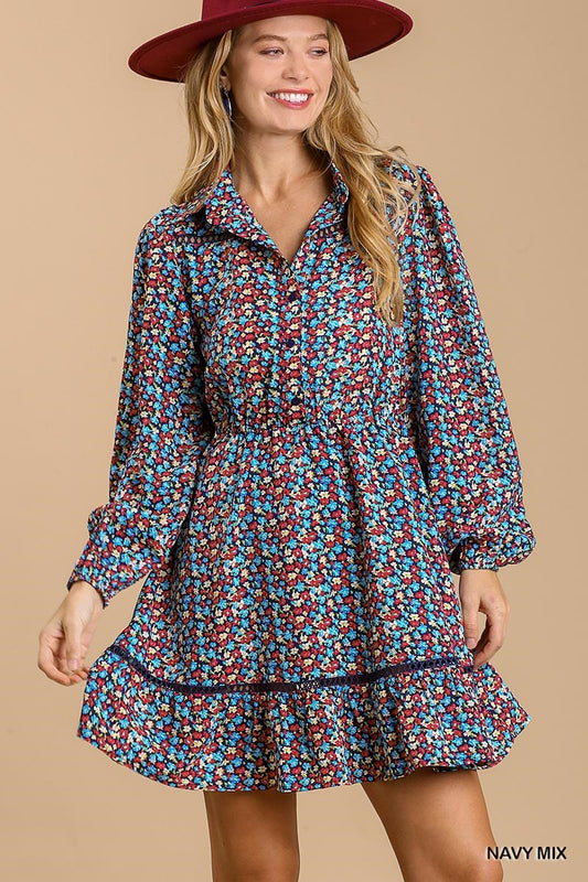 Collared neckline button down floral print dress with crochet trimmed details