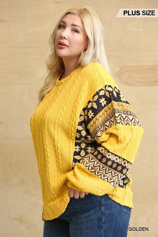 Texture Ribbed Knit And Aztec Pattern Mixed Loose Top